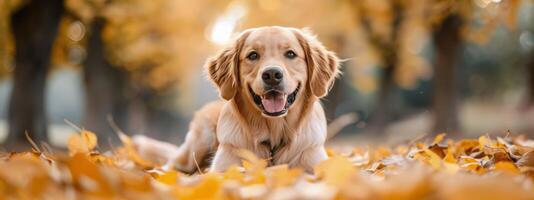 Golden Retriever in Autumn Leaves photo