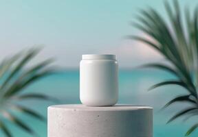 White Jar on Marble Table by the Ocean photo