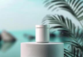 White Jar on Marble Table by the Ocean photo