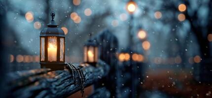 Spooky Lanterns In A Foggy Forest photo