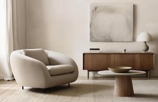 Modern Living Room With Plush Armchair and Wooden Cabinet photo