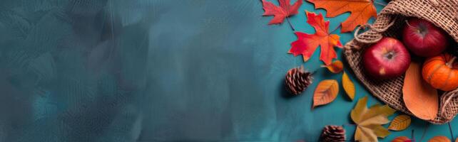 Autumn Accessories on Blue Background photo
