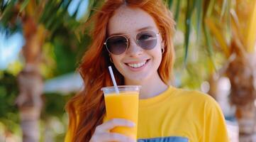 Woman Drinking Juice in Palm Tree Shade photo