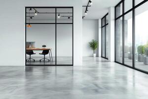 Modern Office Interior With Glass Walls And Polished Concrete Floor photo