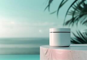 White Jar on Marble Table by the Ocean photo