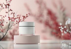 Cream Jar on White Stand With Flowers photo