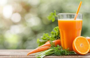 Carrot Juice With Carrots and Orange on Wooden Table photo