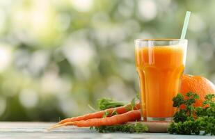 Carrot Juice With Carrots and Orange on Wooden Table photo