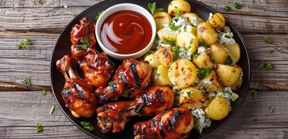 Grilled Chicken With Potatoes and Salad photo