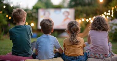 Children Watching Movie in Backyard at Night photo