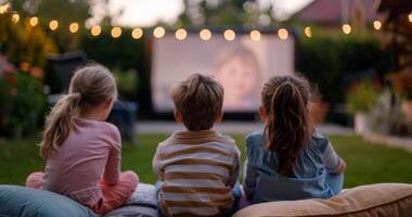 Children Watching Movie in Backyard at Night photo