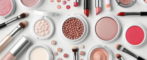 Makeup Products and Brushes on White Background photo