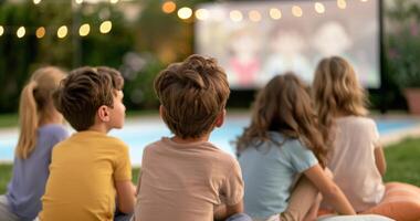Children Watching Movie in Backyard at Night photo