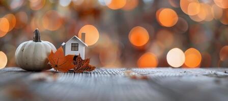 miniatura casa con calabaza y hojas en otoño foto