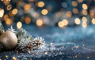 Pine Branch and Ornaments on Blue Background photo