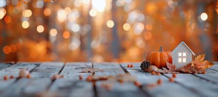 Miniature House With Pumpkin and Leaves in Autumn photo