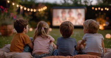 Children Watching Movie in Backyard at Night photo