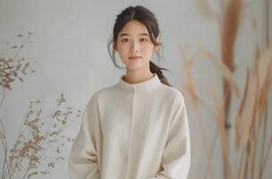Woman in White Shirt Standing in Room photo