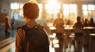 Boy With Backpack In School Cafeteria photo