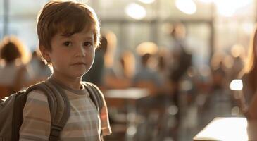 Boy With Backpack In School Cafeteria photo
