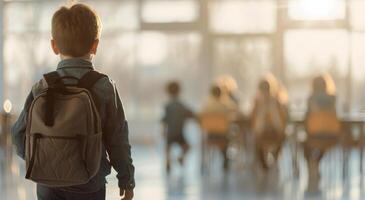 Boy With Backpack In School Cafeteria photo