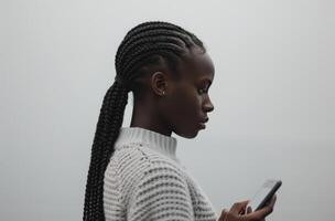 Woman Using Smartphone in Hallway photo