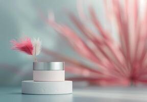 Cream Jar on White Stand With Flowers photo
