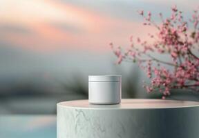 Cream Jar on White Stand With Flowers photo