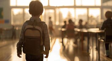 Boy With Backpack In School Cafeteria photo