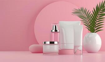 Pink Background Product Display With Palm Leaf photo
