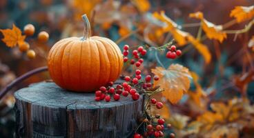 Pumpkin and Berries on Tree Stump in Autumn photo
