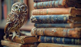 Owl Perched on Books photo