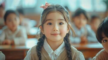 Young Girl In School Uniform Smiles In Classroom photo