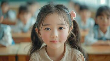 Young Girl In School Uniform Smiles In Classroom photo