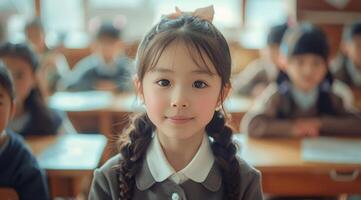 Young Girl In School Uniform Smiles In Classroom photo