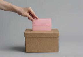 Hand Dropping Pink Envelope Into Wooden Box photo