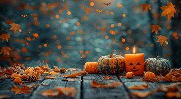 Carved Pumpkins On A Wooden Table photo