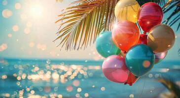 Colorful Balloons Hanging From Palm Tree at Sunset photo
