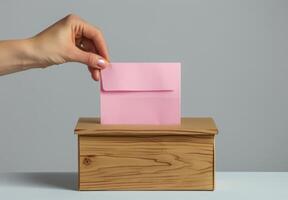 Hand Dropping Pink Envelope Into Wooden Box photo