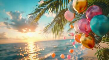 Colorful Balloons Hanging From Palm Tree at Sunset photo