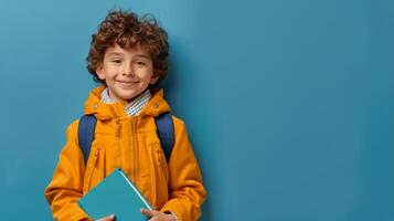 Boy in Winter Coat Holding Book photo