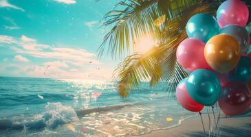 Colorful Balloons Hanging From Palm Tree at Sunset photo