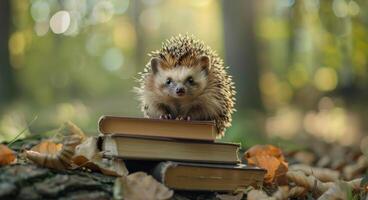 Hedgehog Resting on Books in Forest photo