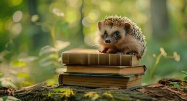 Hedgehog Resting on Books in Forest photo