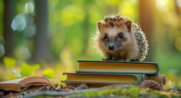 Hedgehog Resting on Books in Forest photo