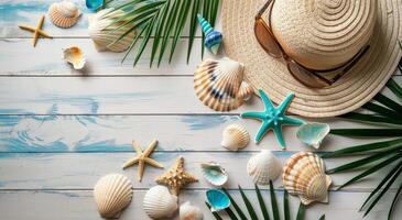 Summer Beach Accessories on Whitewashed Wood photo