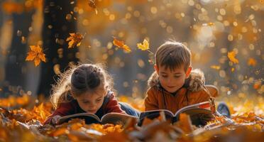 Children Reading in Autumn Leaves photo