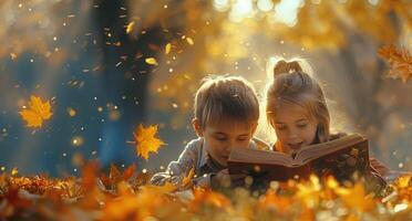 Children Reading in Autumn Leaves photo