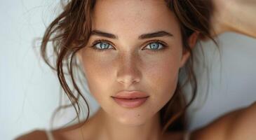 mujer con azul ojos y pecas foto