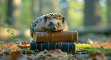 Hedgehog Resting on Books in Forest photo